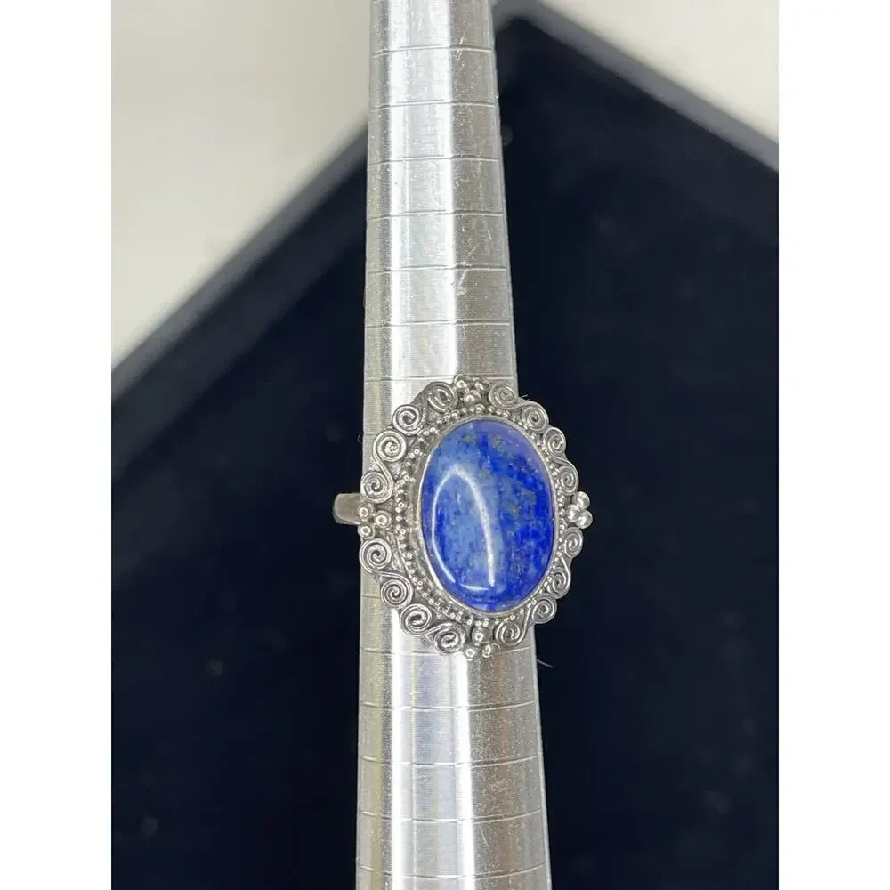 Lapis Lazuli Scroll 925 Silver Stud Earrings & Matching Ring Size 7.25 Blue